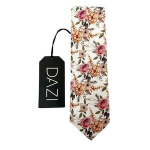 NWT Dazi Quicksand Roses White Pink Floral Skinny Tie Cotton Formal Wedding
